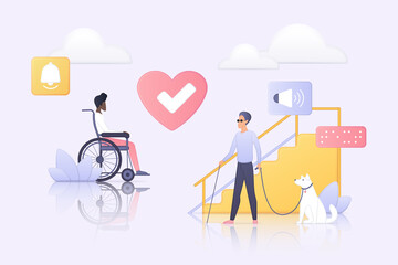 Friendly services, help and care for people with physical disability. Free access to building entrance and ramp for person in wheelchair, braille special alphabet for blind flat vector illustration