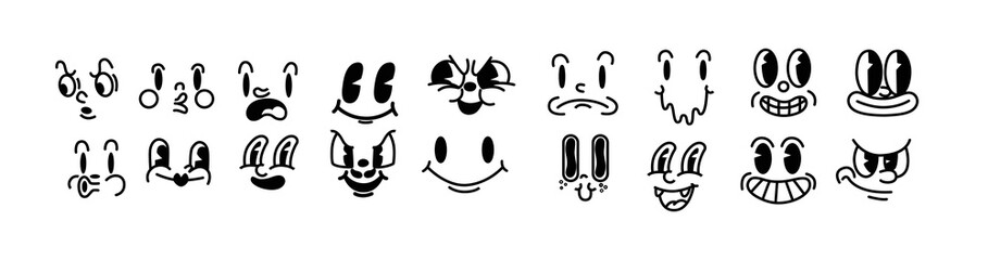 Retro 30s cartoon mascot characters funny faces. 50s, 60s old animation eyes and mouths elements. Vintage comic smile for logo set. Smiley caricatures with happy and cheerful emotions, 