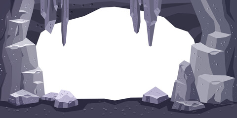 Cartoon cave vector background, rock cavern game illustration, stone mine underground tunnel frame. Nature gray boulder cliff, stalagmite on white, prehistoric dungeon entrance. Cave opening frame
