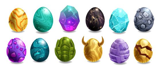 Dragon egg game icon set, vector cartoon magic dino stone kit, UI alien space rock fairy easter collection. Ice crystal glossy dinosaur sphere, marble blue gem rock on white. Fantastic dragon egg