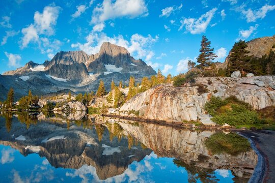 Banner Peak and Mt Ritter reflected in a lake, Garnet Lake, Ansel Adams Wilderness, Inyo National Forest, California, USA