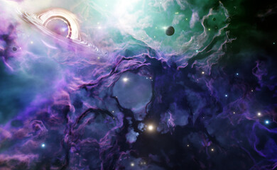 Nebula in outer space, planets and galaxy