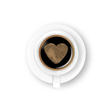 Vector cappuccino coffee with foam heart in white cup and saucer isolated