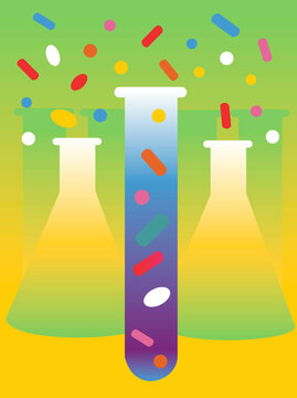 Flasks and test tube filled with various pills, illustration