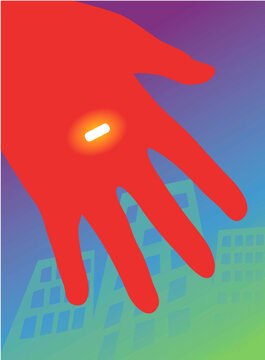 Red hand holding glowing pill, illustration