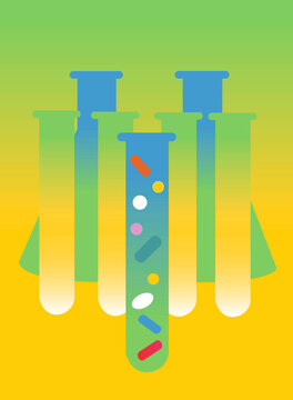 Test tubes filled with various pills, illustration