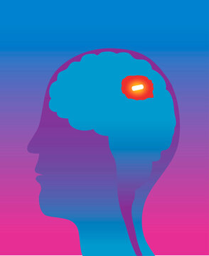 Man's brain with mental pill inside, cross section, illustration