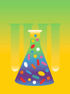 Flask filled with colorful pills, illustration