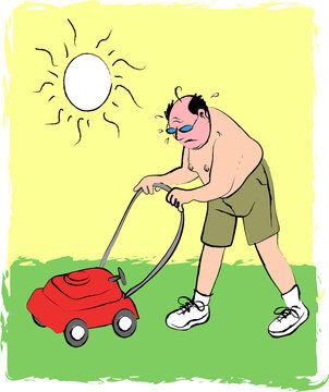 Man mowing lawn, illustration