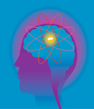 Man's brain with mental pill inside, cross section, illustration