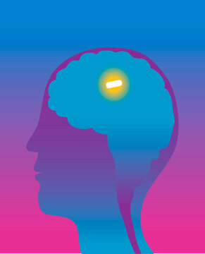 Man's brain with mental pill inside, cross section, illustration