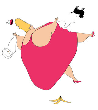 Big woman and tiny dog slipping on banana peel