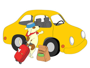 Dog with suitcase standing next to yellow car, illustration