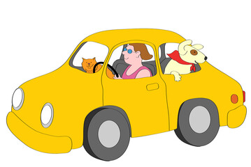 Smiling woman driving yellow car with cat and dog, illustration