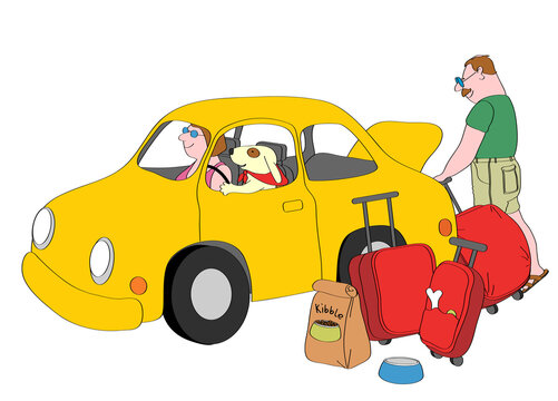 Dog sitting on driver's seat in yellow car, man loading suitcases into trunk, illustration