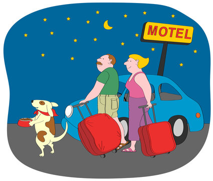 Couple and dog with suitcases at motel sign at night, illustration
