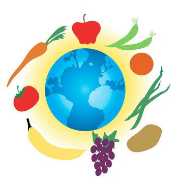 Vegetables and fruits surrounding globe, illustration