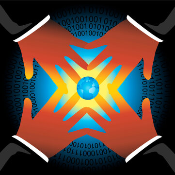 Hands reaching for globe surrounded with binary code, illustration
