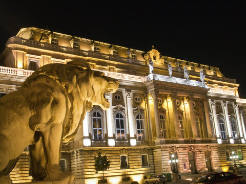 Hungary, Budapest, Lions Court of Buda Castle illuminated at night