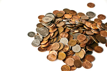 Heap of coins on white background