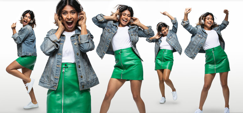 Composite portrait of woman wearing headphones and dancing on white background