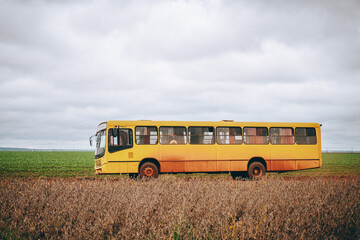 bus on the road of a soybean plantation