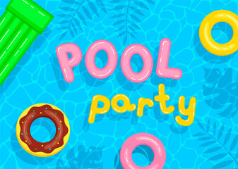 Poster template for pool party. Colorful inflatable circles, mattress and letters float on the water surface