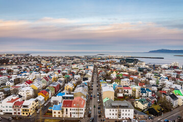 Scenic view of Reykjavik downtown, capital city of Iceland from the tower of Hallgrimskirkja church.