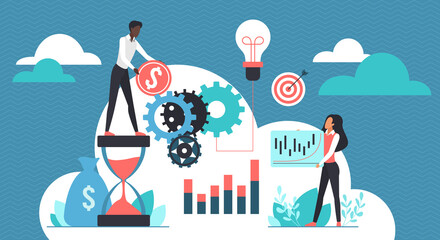 Business investment, corporate development process. Tiny investors holding money coins, report presentation with growing profit graph flat vector illustration. Finance, success venture concept