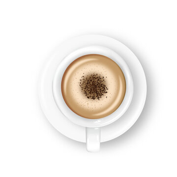 Vector cappuccino coffee with foam and chocolate sprinkles in a white cup and saucer isolated
