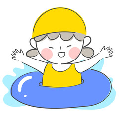 수영복을 입고 튜브를 타고 있는 아이 일러스트