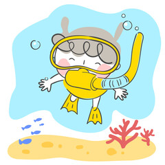 스노클링을 즐기고 있는 아이 일러스트