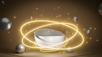 Glowing neon golden circle with sparkles in fog on gold podium. Empty golden cylinder podium with white border in half sphere and ball halo circle on golden background.