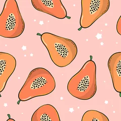 Gordijnen Papaya seamless pattern. Funky 90s seamless print with hand drawn papayas on pink background. Textile print, wallpaper, wrapping paper, scrapbooking, stationary, packaging, etc. EPS 10 © Натали Осипова