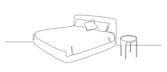 Continuous one line drawing of double bed with pillows and nightstand. Modern loft furniture for stylish bedroom in simple linear style. Editable stroke. Doodle vector illustration