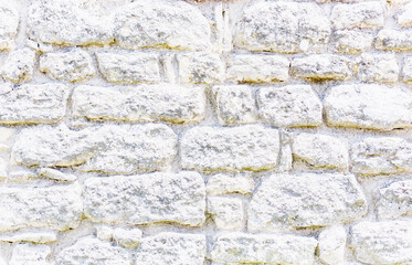 Old grungy flat retro brick wall of ancient city. Uneven bright pitted peeled surface brickwork of cellar worn. Ruined minimal bumpy washed blocks.Hard clear ragged holes brickwall of 3D grunge design