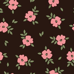 Seamless vintage pattern. Pink flowers, green leaves. Dark background. vector texture. fashionable print for textiles, wallpaper and packaging.