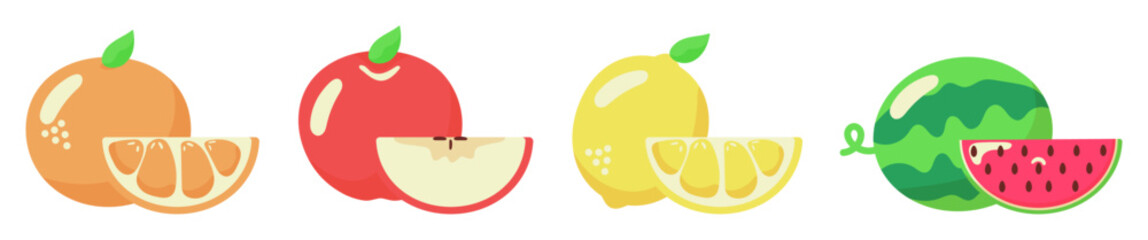 Arte vetorial de frutas e suas respectivas fatias. Perfeito para produtos naturais, bebidas, convites, publicidade.