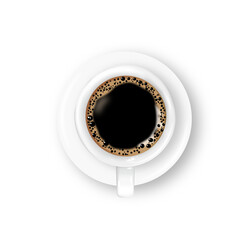 Vector coffee with foam and bubbles in a white cup and saucer isolated