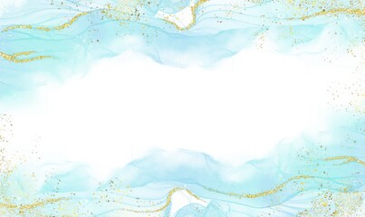 Obraz premium Abstract watercolor or alcohol ink art blue white background with golden crackers. Pastel blue marble drawing effect. llustration design template for wedding invitation,decoration, banner, background.