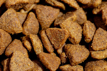 Dog or cat food or kibble shot up close. Top view background