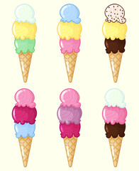 ice cream soft in a cone in different flavors
