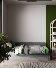 Modern children’s room in green color with plant, bed and toy, 3d rendering