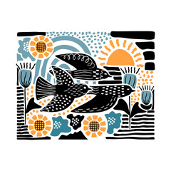 Stylish abstract card with birds,flowers and shapes in blue,yellow,black colors.Contemporary background and texture for printing on fabric and paper.Vector hand drawn illustration.