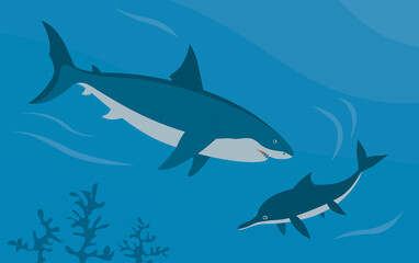 Prehistoric underwater shark megalodon vs ichthyosaur. Predatory sea fish. Scary jaws with teeth. Wildlife of the Jurassic period. Vector illustration