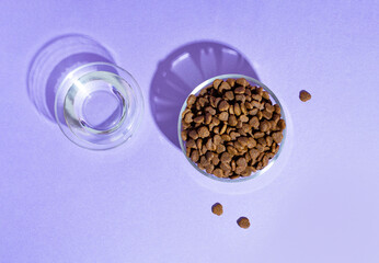 Top view of white bowl with dry kibble cat food and wateer on purple, lilac background