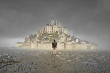 morning at mont saint michel in normandy, france