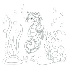 Seashell Seahorse Unicorn Style Coloring Page