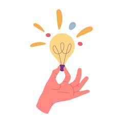 Hand holding glowing light bulb, shiny bulb idea metaphor. Solution, innovation and creative idea cartoon vector illustration. Great thought concept © GreenSkyStudio