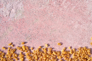 Frankincense resin crystals on pastel pink background